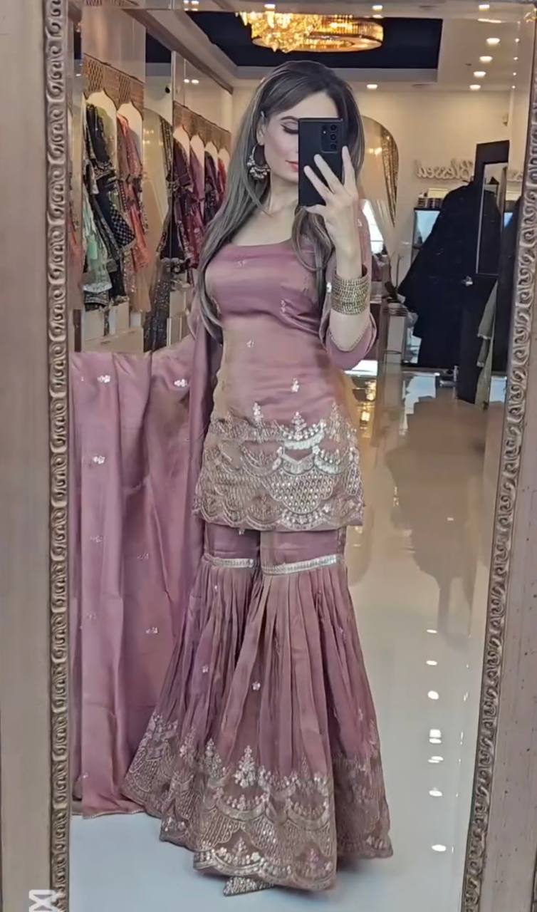 Designer Heavy Chinon Silk Sharara Suit with Embroidery Sequence Work and Dupatta – Fully Stitched Partywear Set
