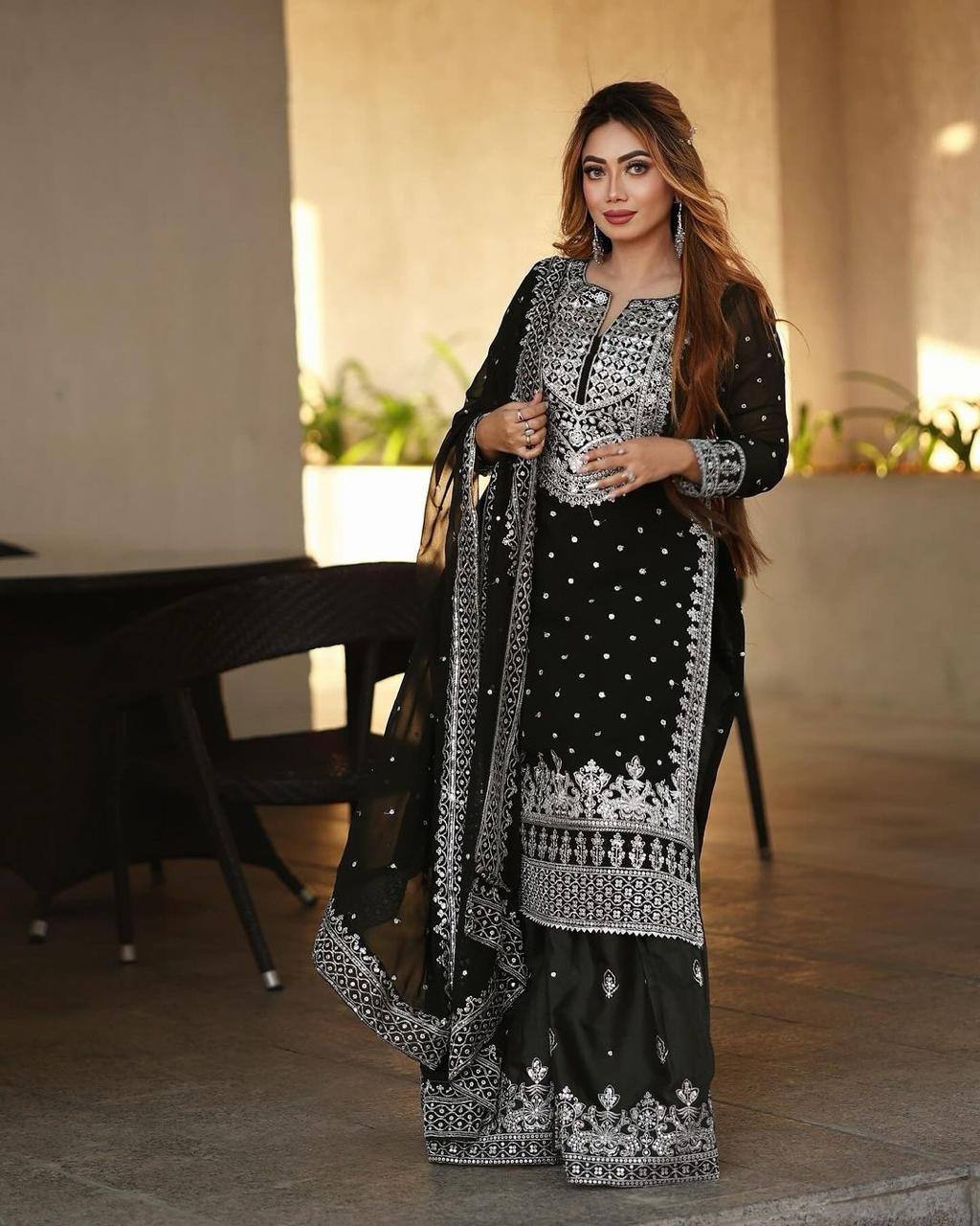 Heavy Faux Georgette Embroidered Black Gharara Set with Dupatta – Fully Stitched Ethnic Partywear for Women