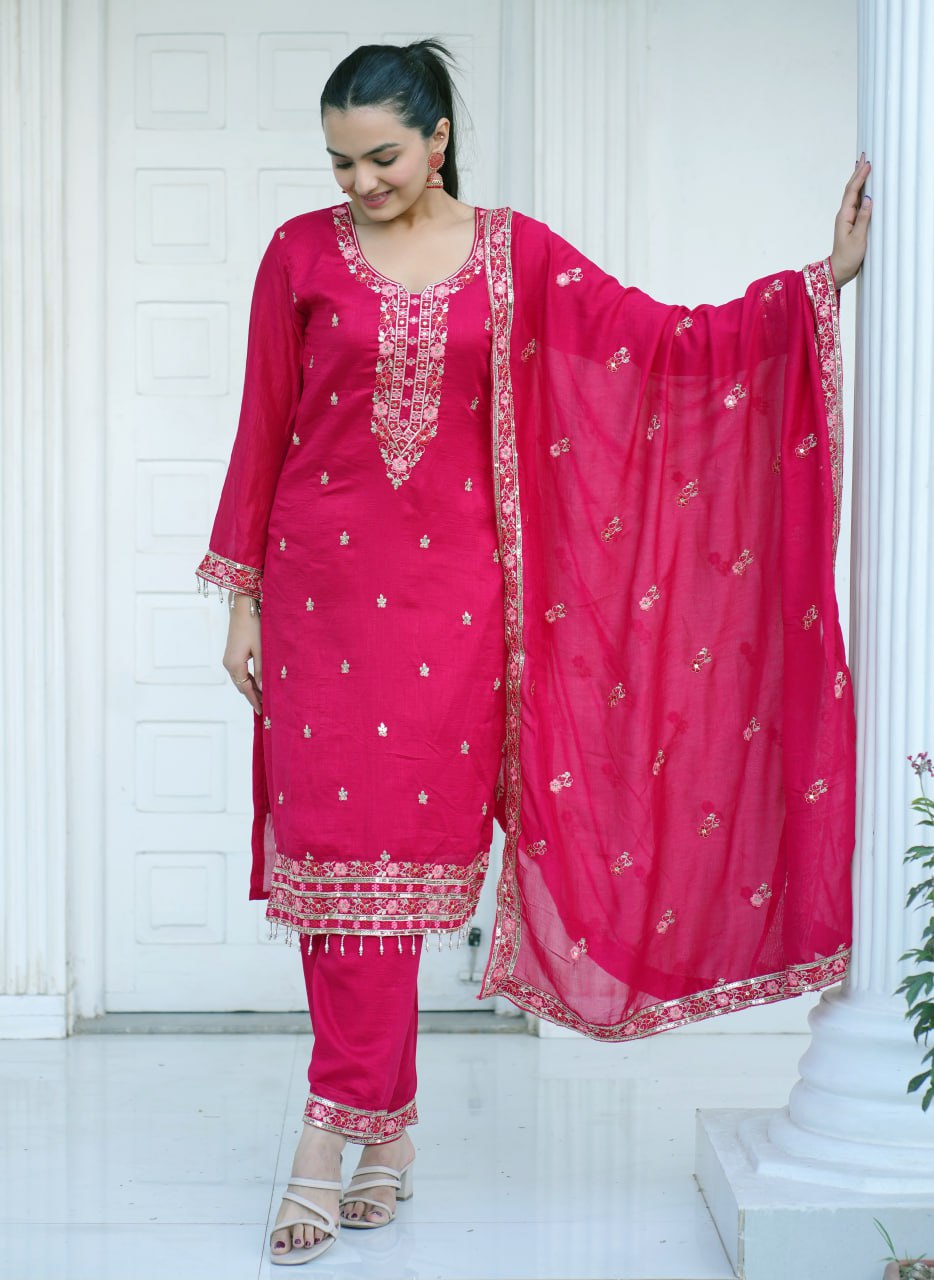 Blooming Vichitra Embroidered Salwar Suit Set with Dupatta – Heavy Sequence Work Ethnic Wear for Women