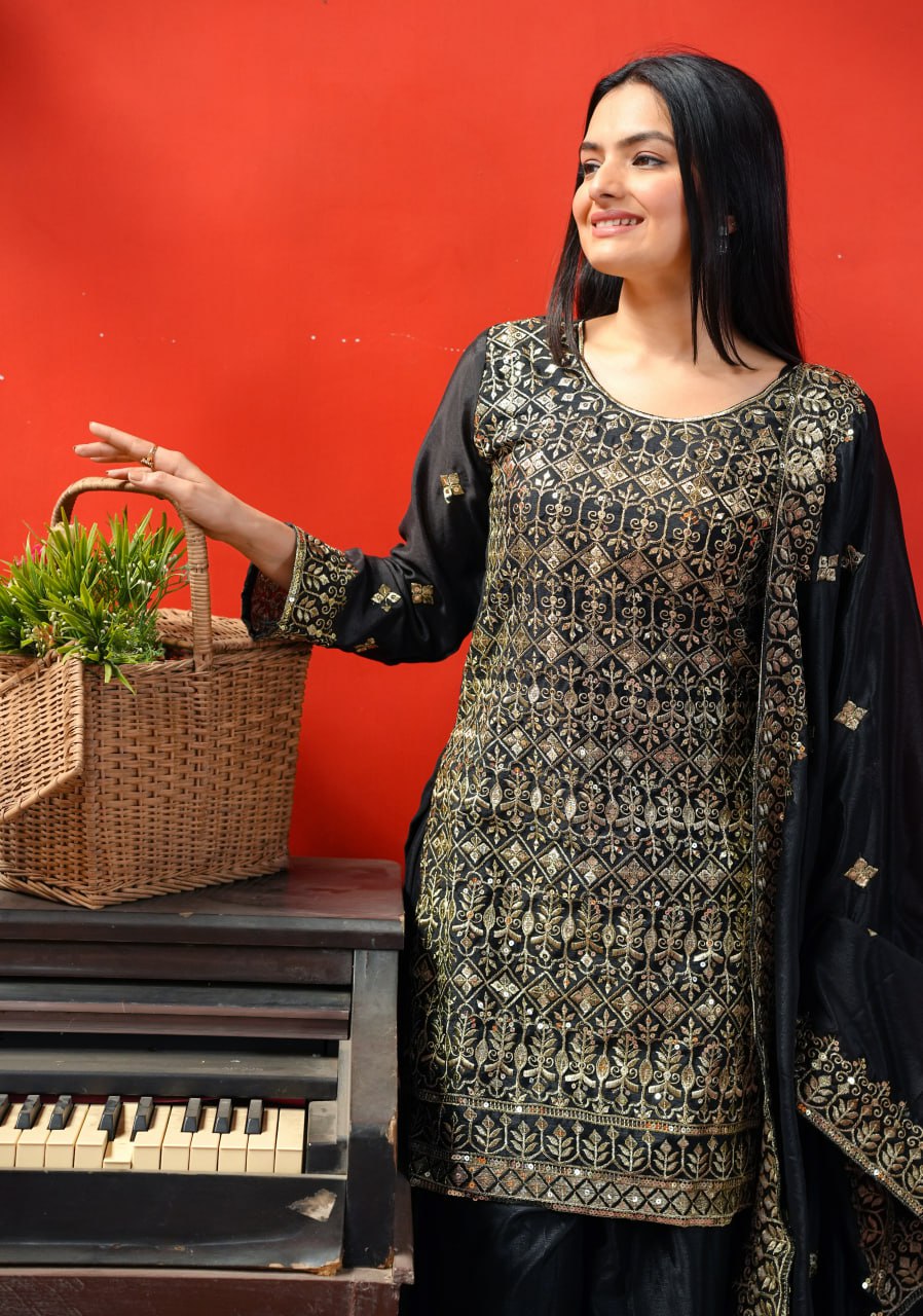 Chinon Embroidered Sharara Suit Set with Dupatta – Sequence Work Ethnic Wear for Women