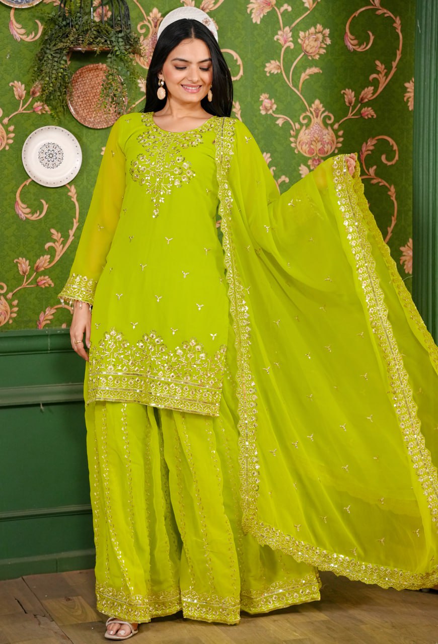 Georgette Embroidered Sharara Suit Set with Dupatta – Fully Stitched Partywear for Women