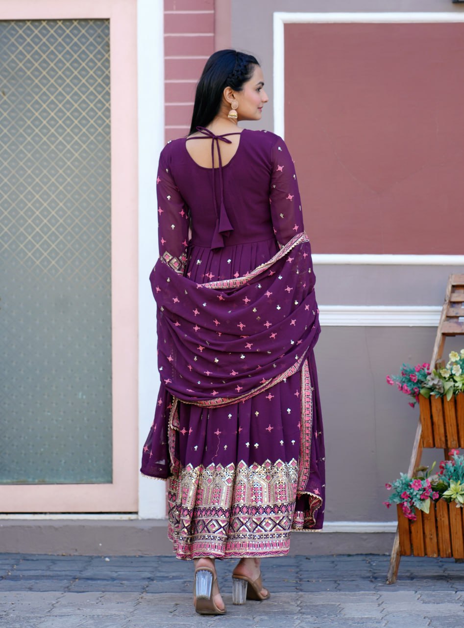 Fox Georgette Embroidered Gown Set with Dupatta – Elegant Fully Stitched Ethnic Wear for Women