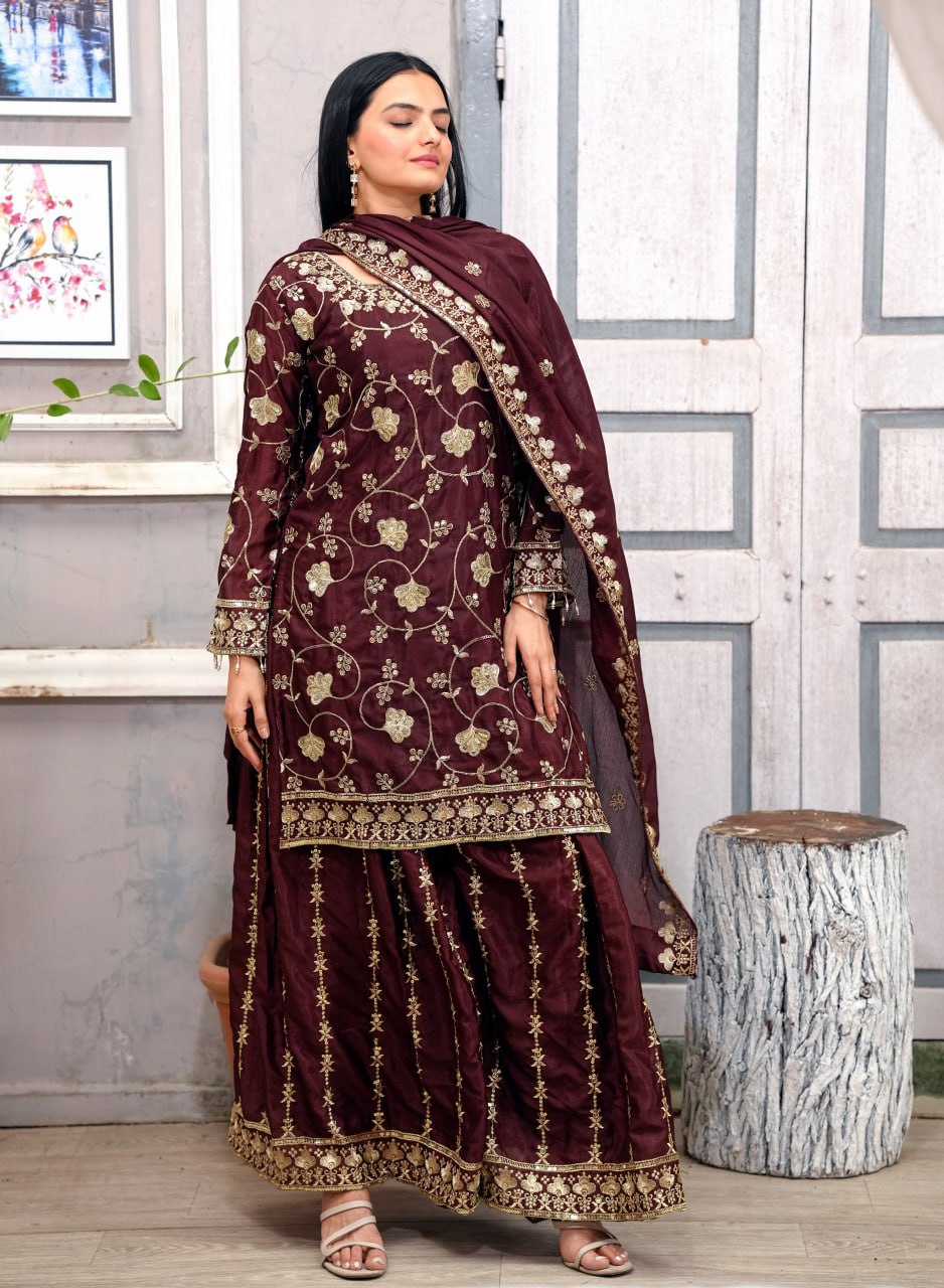 Chinon Embroidered Brown Sharara Set with Real Kodi Lace Border