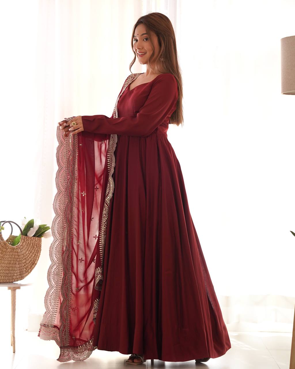 Elegant 16 Kali Romansilk Chanderi Maroon Anarkali Set with Embroidery Dupatta