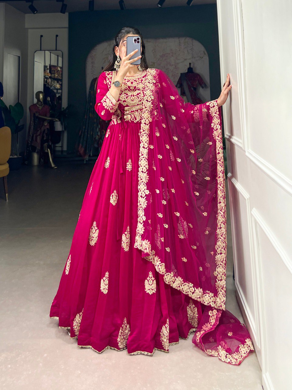Elegant Vichitra Silk Gown with Net Dupatta - Sequins and Thread Embroidery