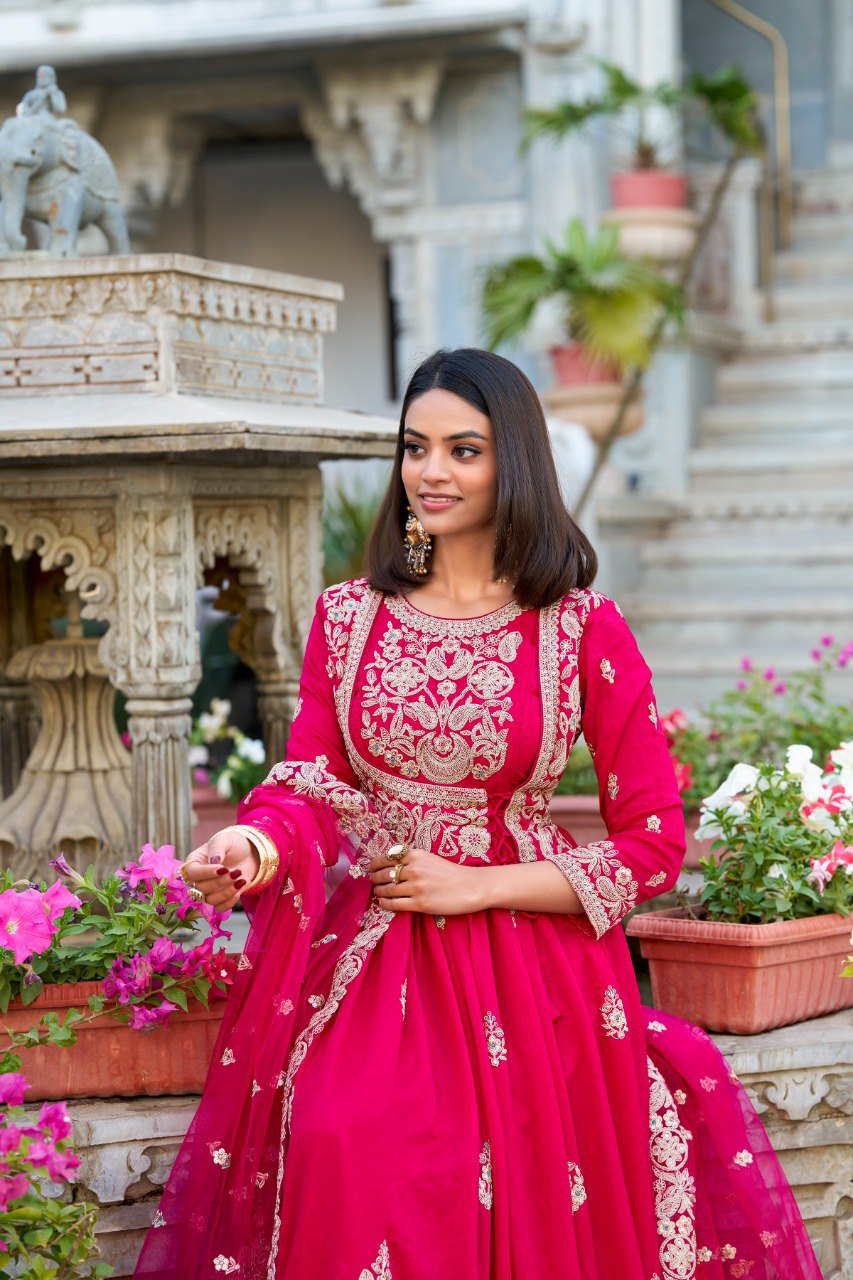 Elegant Vichitra Silk Gown with Net Dupatta - Sequins and Thread Embroidery