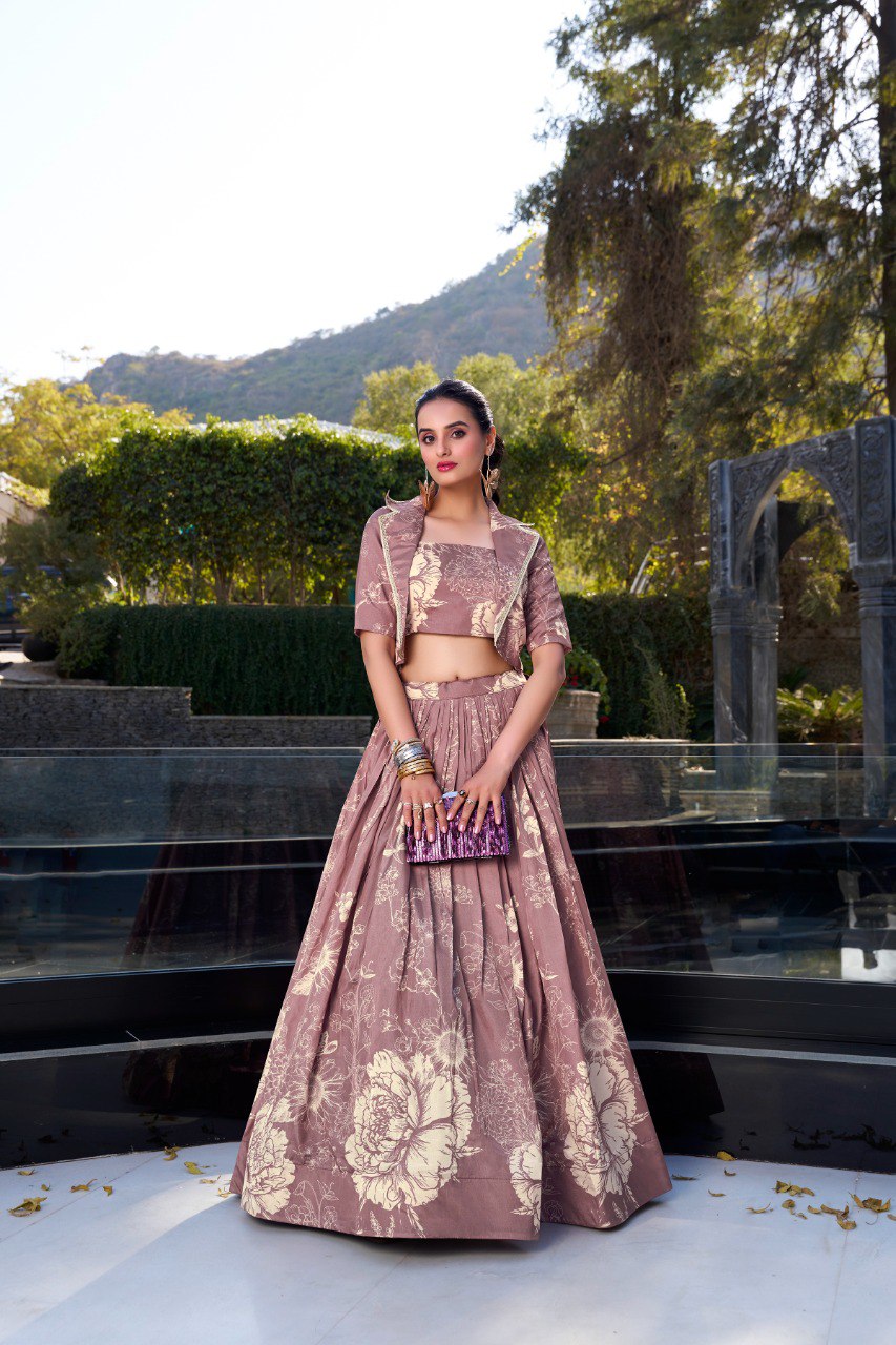 Elegant Tussar Silk Floral Printed Pink Lehenga Set with Blouse and Koti