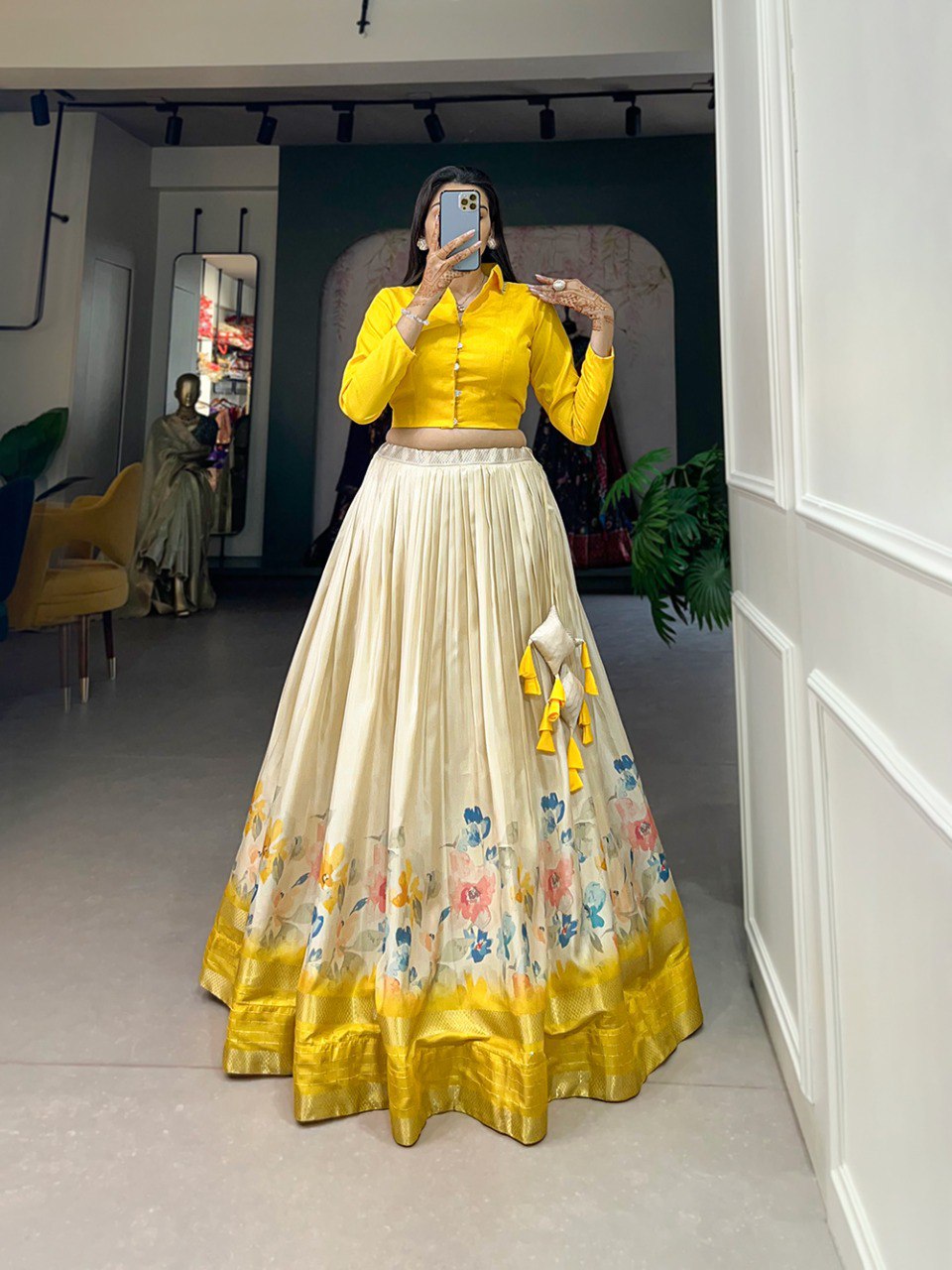 Yellow Color Floral Print With Sequins And Zari Border Dola Silk Co-ord Set Lehenga