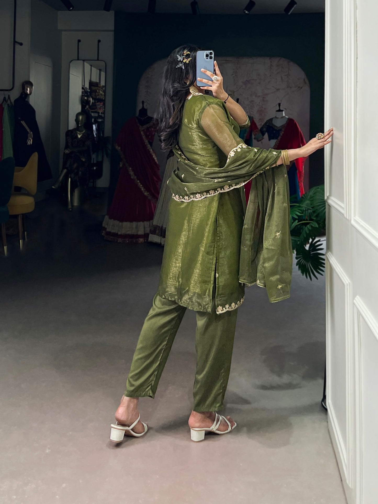 Elegant Gold Coin Fabric Embroidered Green Top and Bottom Set with Dupatta