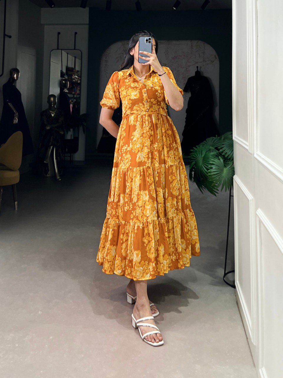 Elegant Floral Print Georgette Mustard Yellow Frock for Women