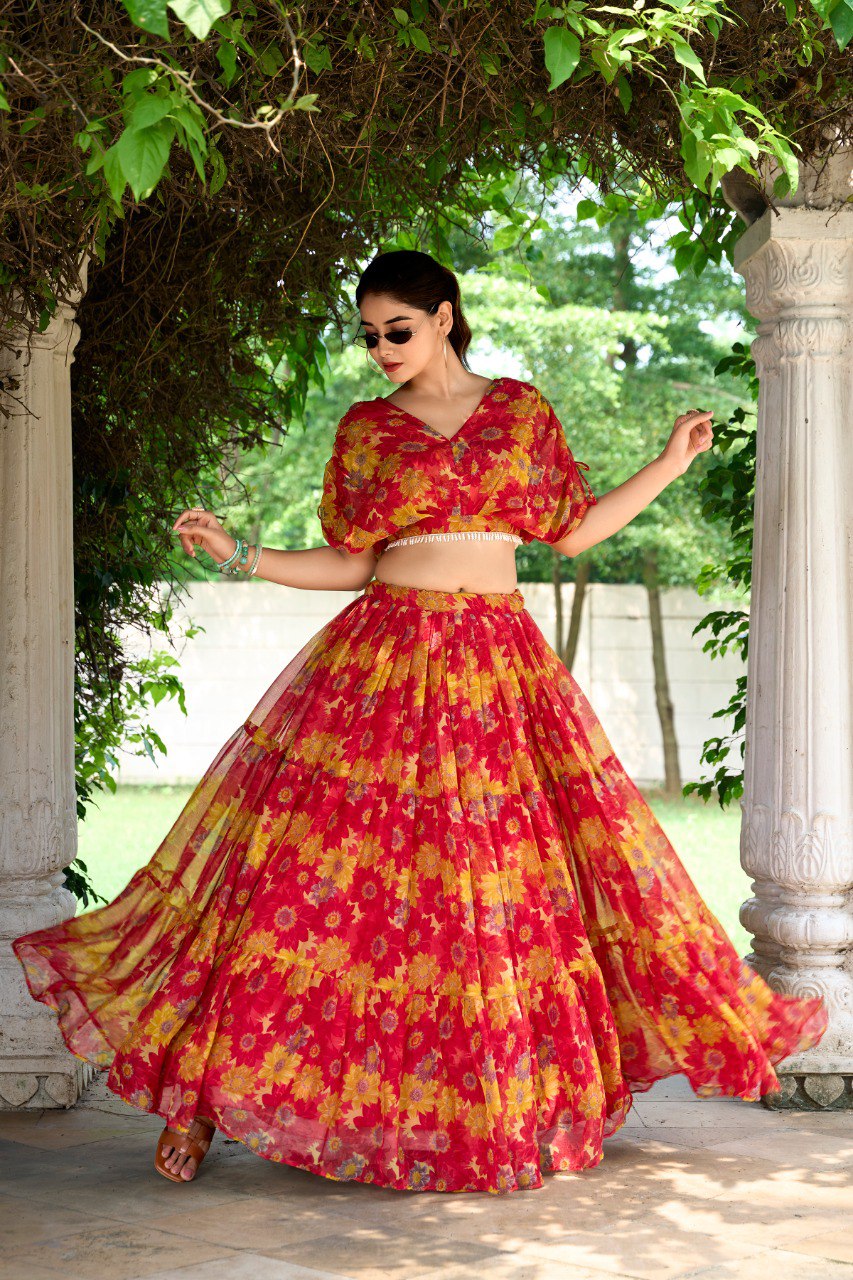 Elegant Floral Print Chiffon Red Lehenga Set for Women