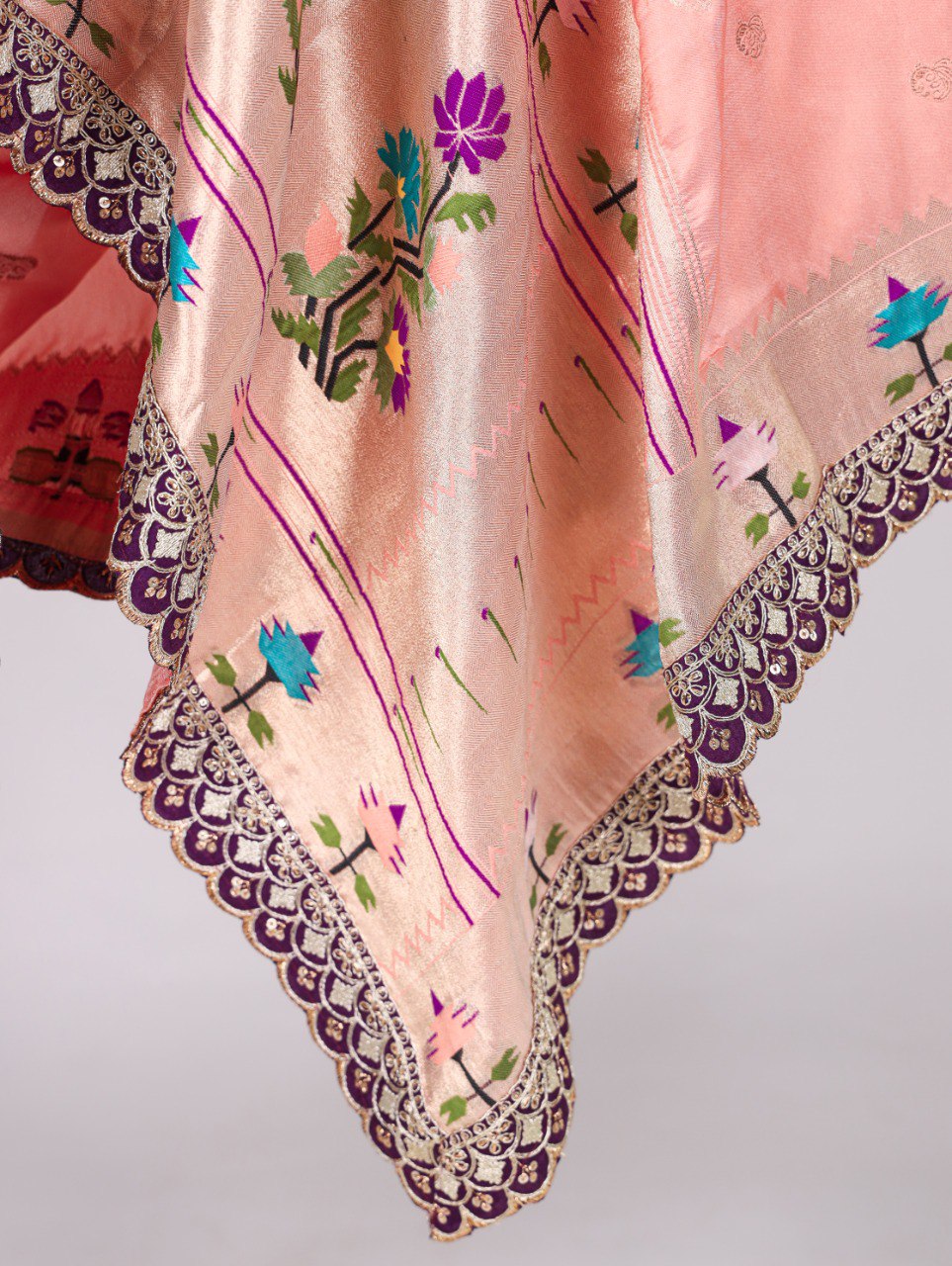 Premium Jacquard Silk Zari Weaving Peach Dupatta with Embroidery Lace Border