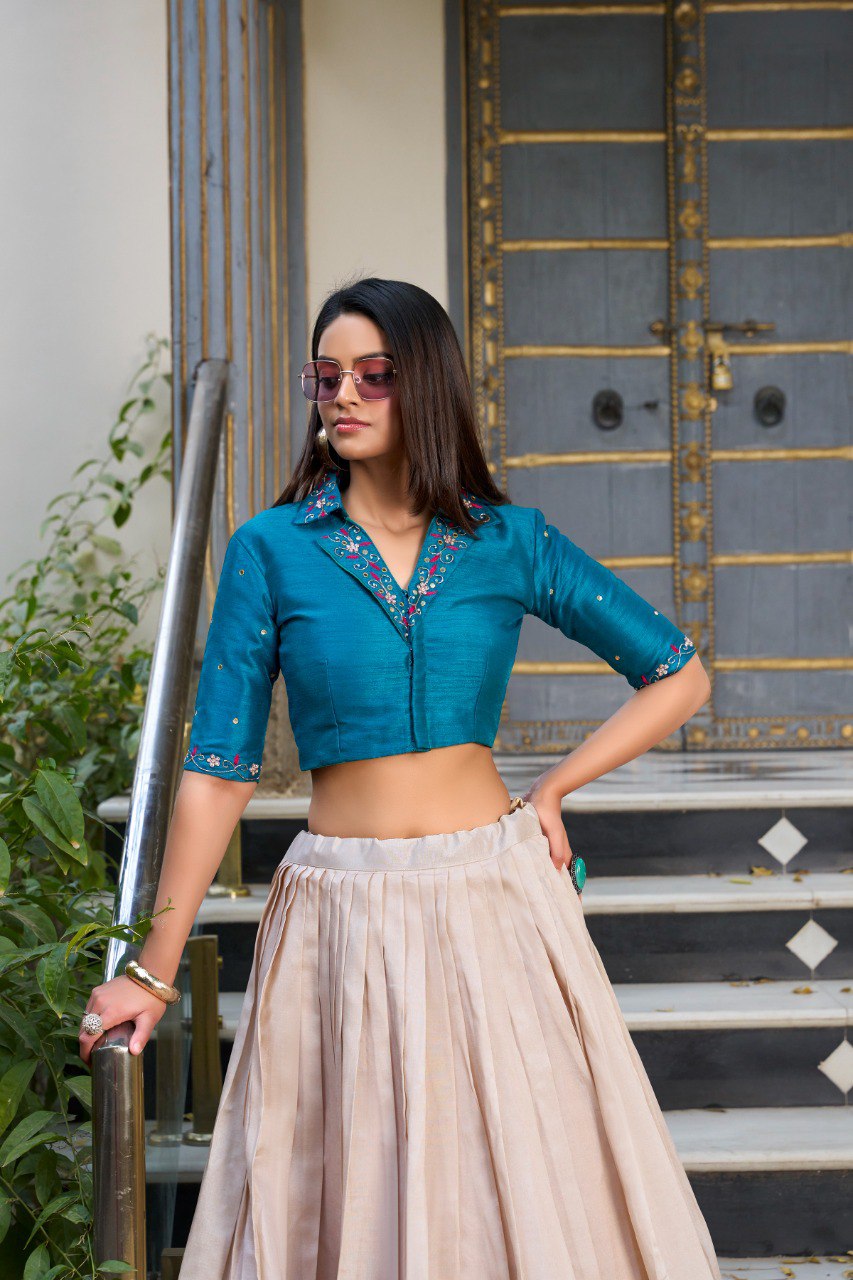Elegant Tussar Silk Floral Print Lehenga with Handwork Mirror Blouse