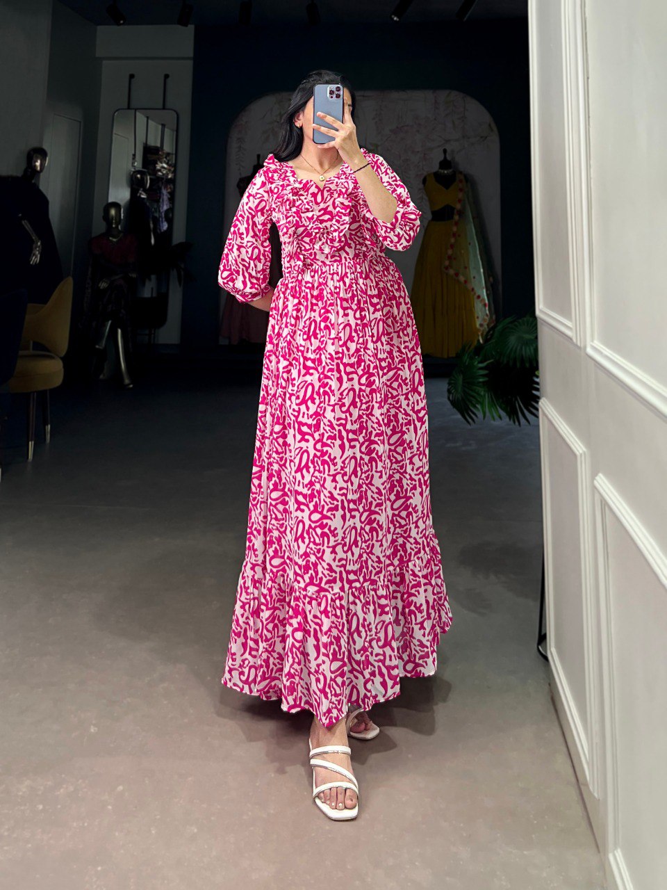 Elegant Georgette Printed Pink Frock with Full Flair and Lining