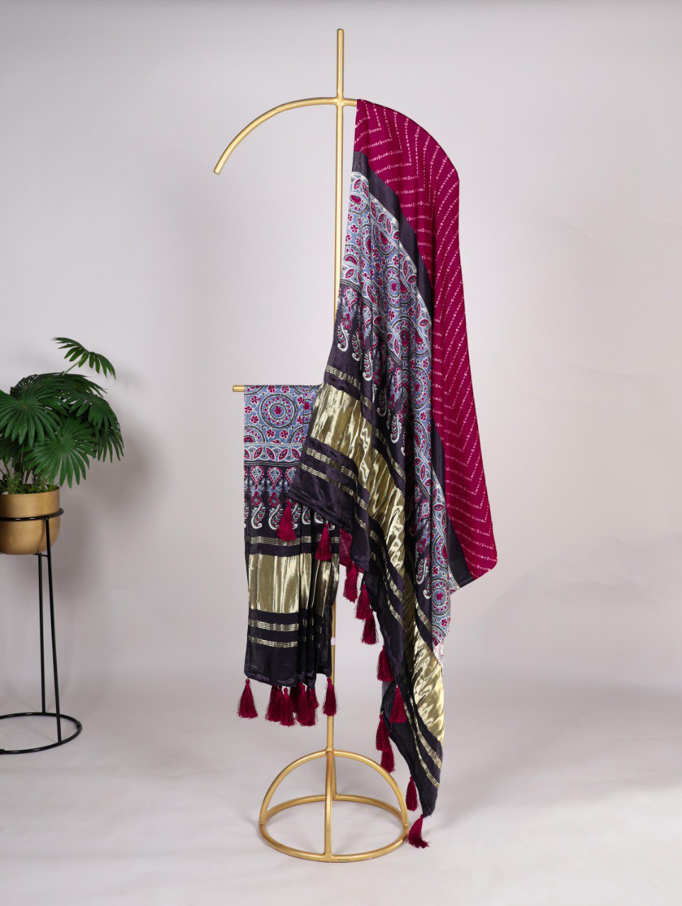 Pure Gaji Silk Digital Print Dark Pink Dupatta with Tassels