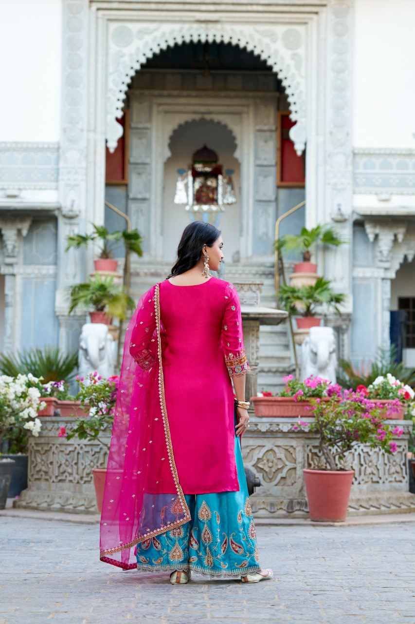 Sequins Thread Embroidered Silk Royal Style Sharara Set Of 3