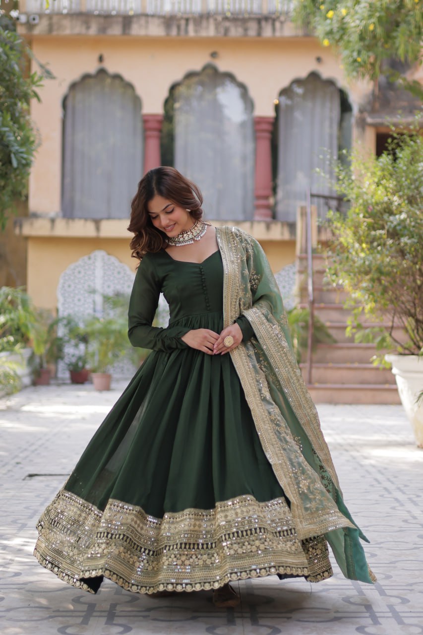 Elegant Shimmer Vichitra Silk Gown with Sequins Embroidery and Fendi Dupatta Set