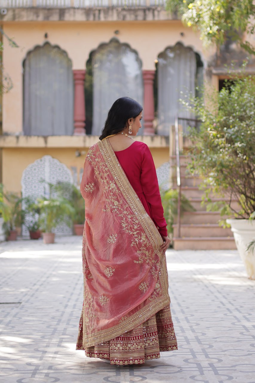 Elegant Shimmer Vichitra Silk Pink Gown with Sequins Embroidery and Fendi Dupatta Set