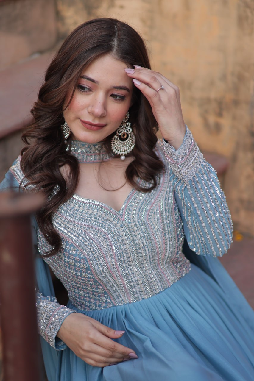 Star Georgette Embroidered Beads Sequins Work Blue Gown with Dupatta Set