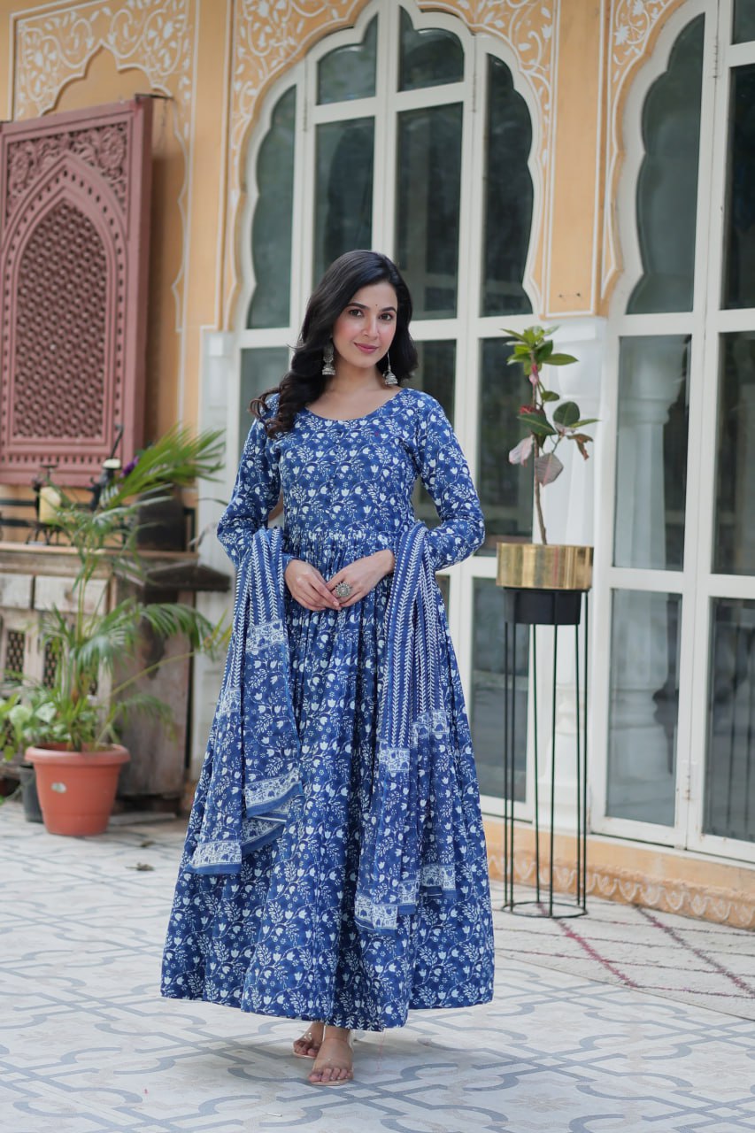 Pure Blue Cotton Long Kurta Set with Elastic Bottom and Dupatta