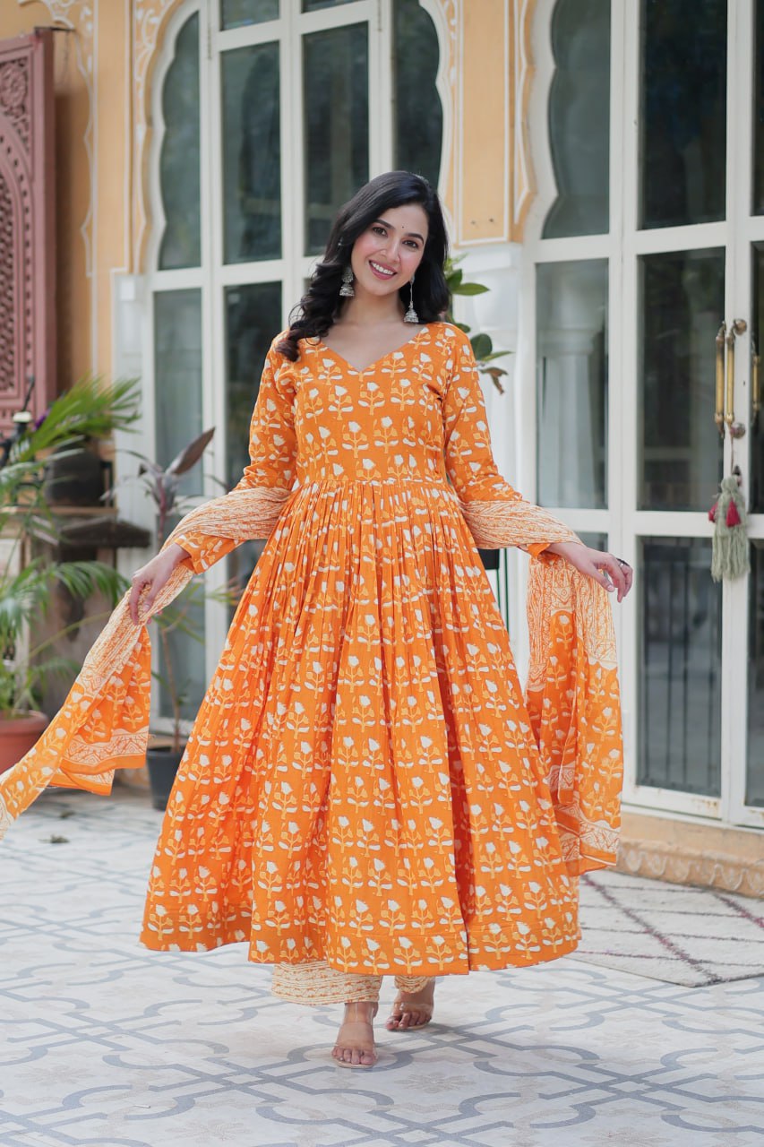 Pure Cotton Yellow Kurta Set with Fancy V Neck and Dupatta