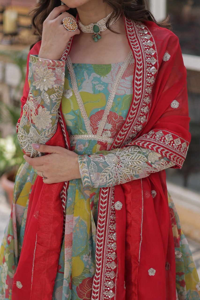 Digital Printed Russian Silk Top with Foil Embroidery Zari Sequins Work and Designer Lace Border Dupatta