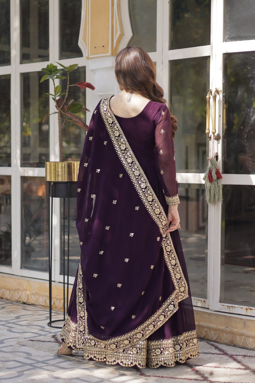 Premium Faux Blooming Purple Gown Set with Zari Sequins Embroidery and Dupatta