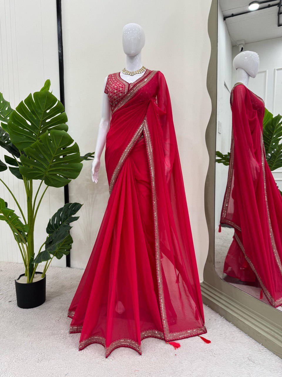 Elegant Faux Georgette Saree with Thread and Sequins Work and Matching Blouse