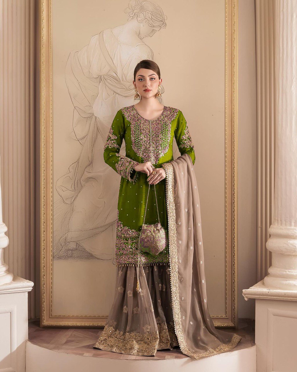Designer Faux Georgette Green Suit Set with Sharara & Dupatta - Coding & Sequins Work, Pearl Embellishments, and Fancy Lace