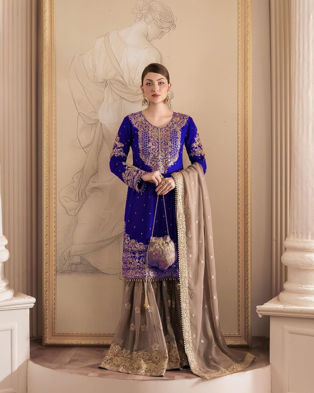Designer Faux Georgette Blue Suit Set with Sharara & Dupatta - Coding & Sequins Work, Pearl Embellishments, and Fancy Lace
