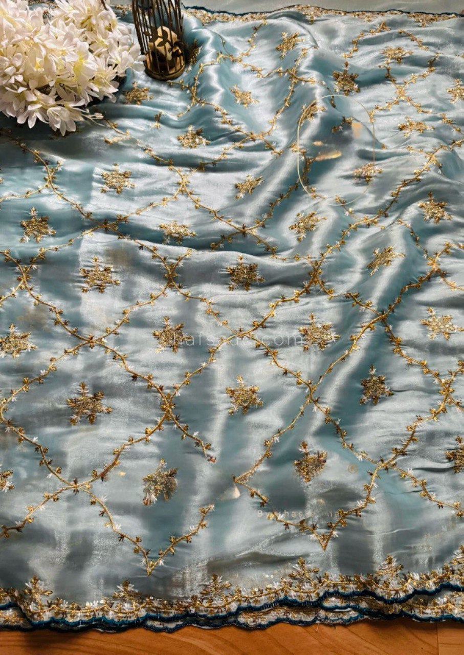 Elegant Heavy Zimmy Chu Saree with Thread and Sequins Work and Mono Benglori Silk Blouse – Designer Party Wear Saree
