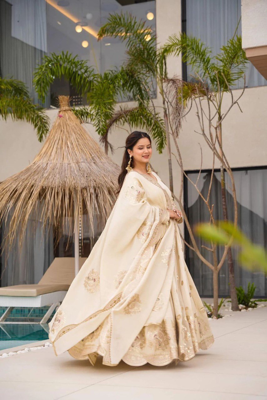 Elegant Chinon Silk Off-White Gown with Coding and Sequins Work and Matching Dupatta – Party & Festive Wear