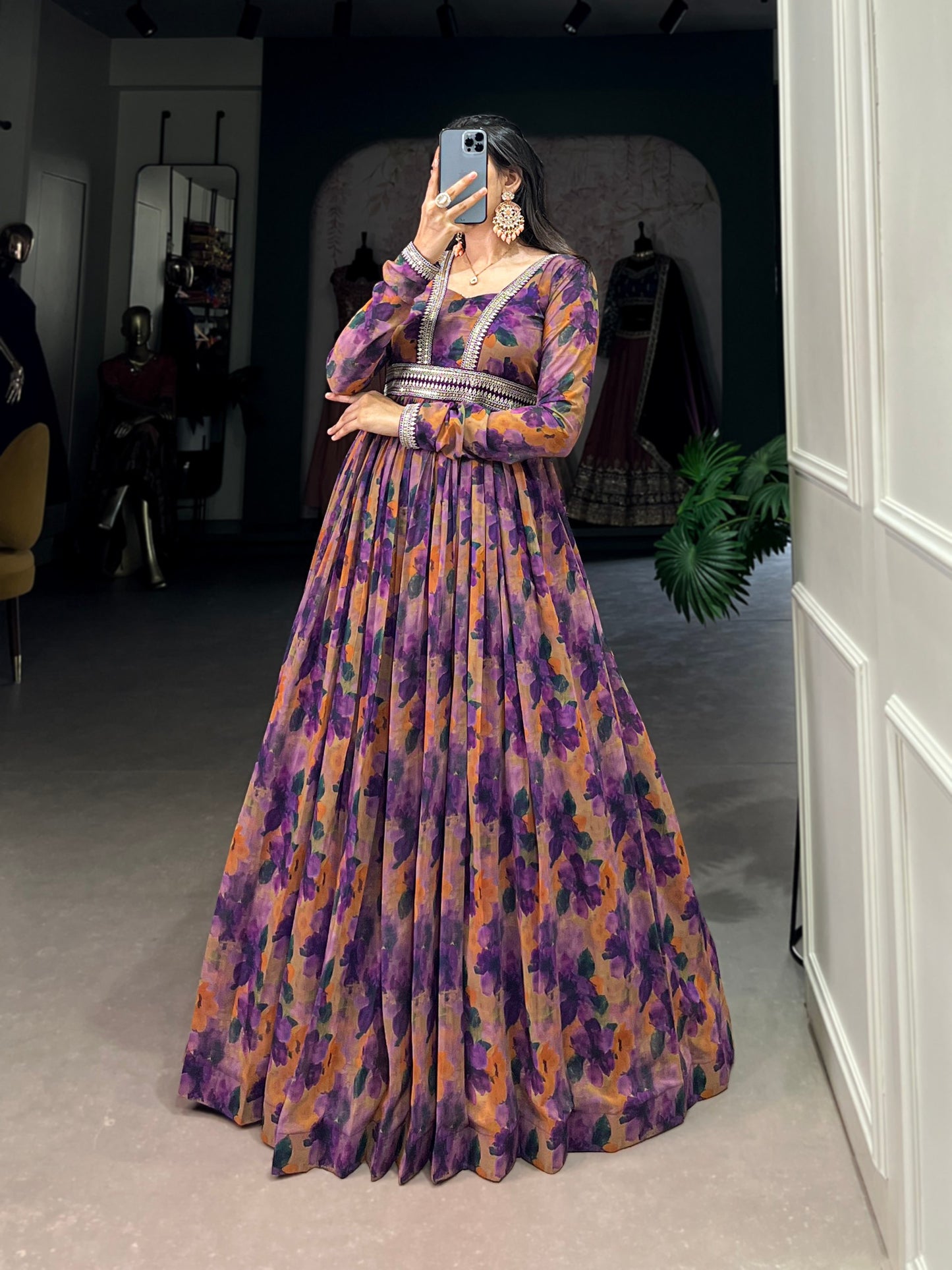 Stylish Georgette Floral Printed Gown with Lace Border and Dupatta | Party Wear and Ethnic Collection