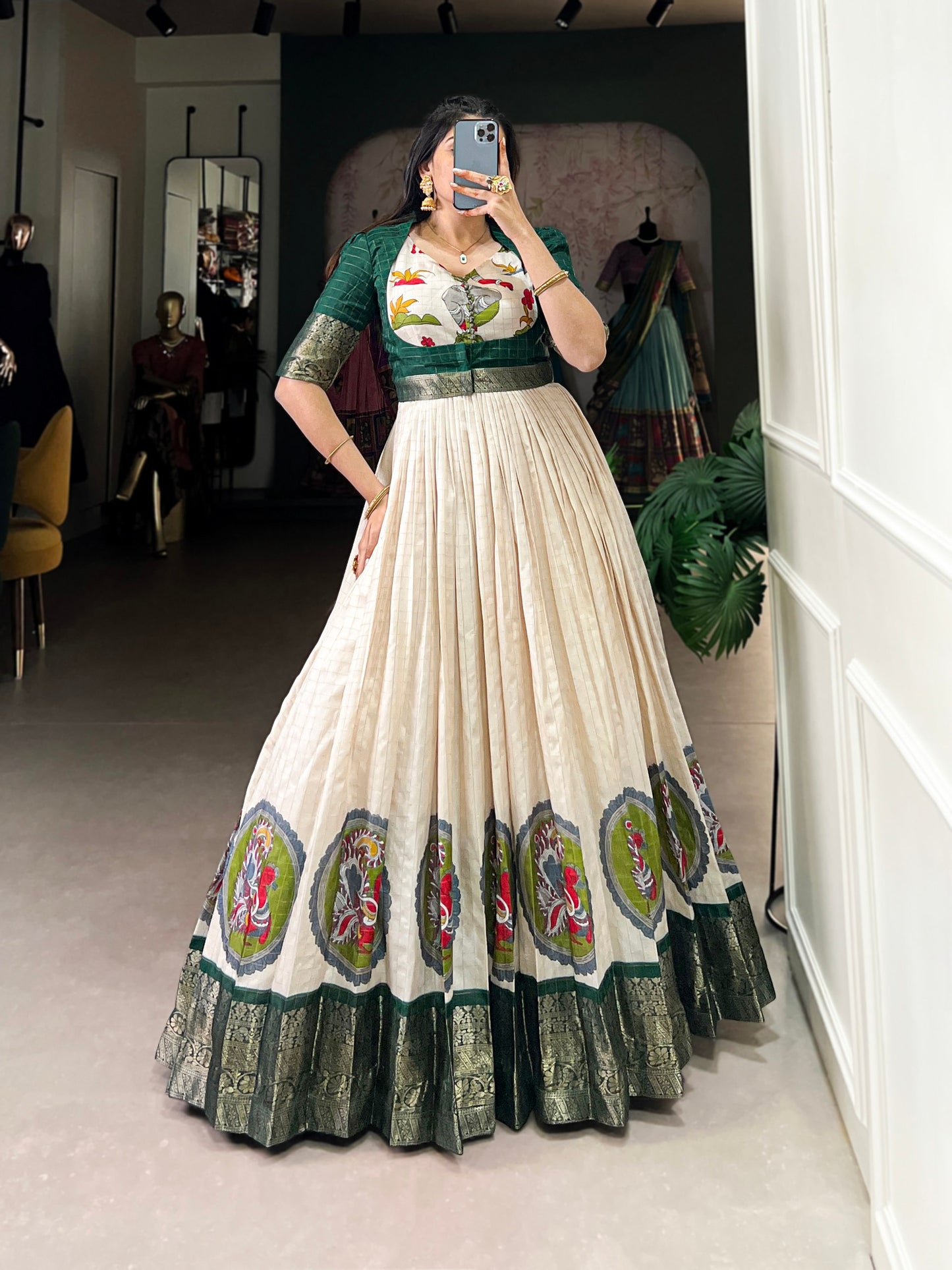 Elegant Dola Silk Kalamkari Print Green Gown with Zari Weaving Koti | Ethnic Wear for Women