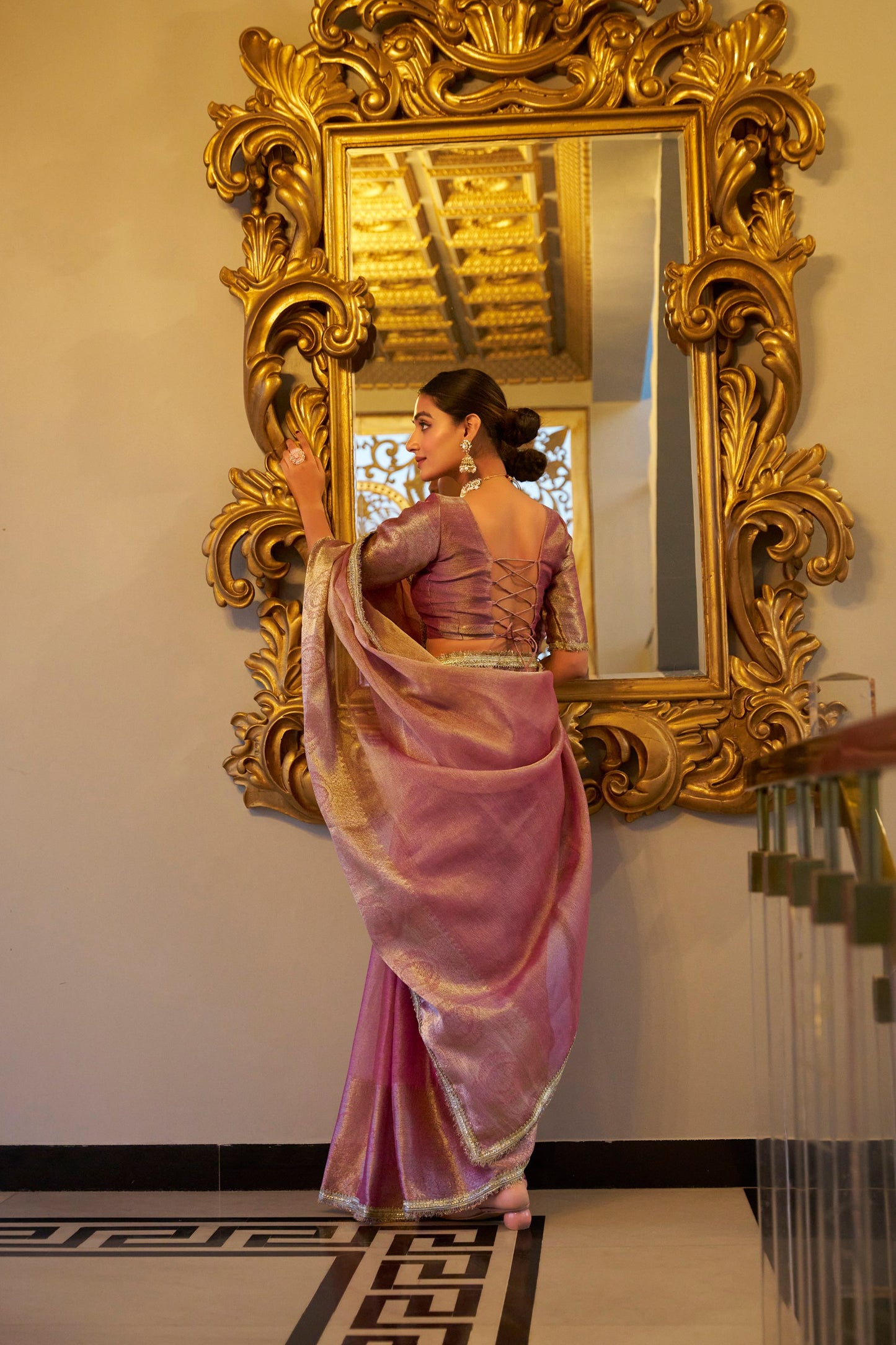 Tissue Shimmer Light Pink Saree with Zari Weaving and Sequins Lace Border