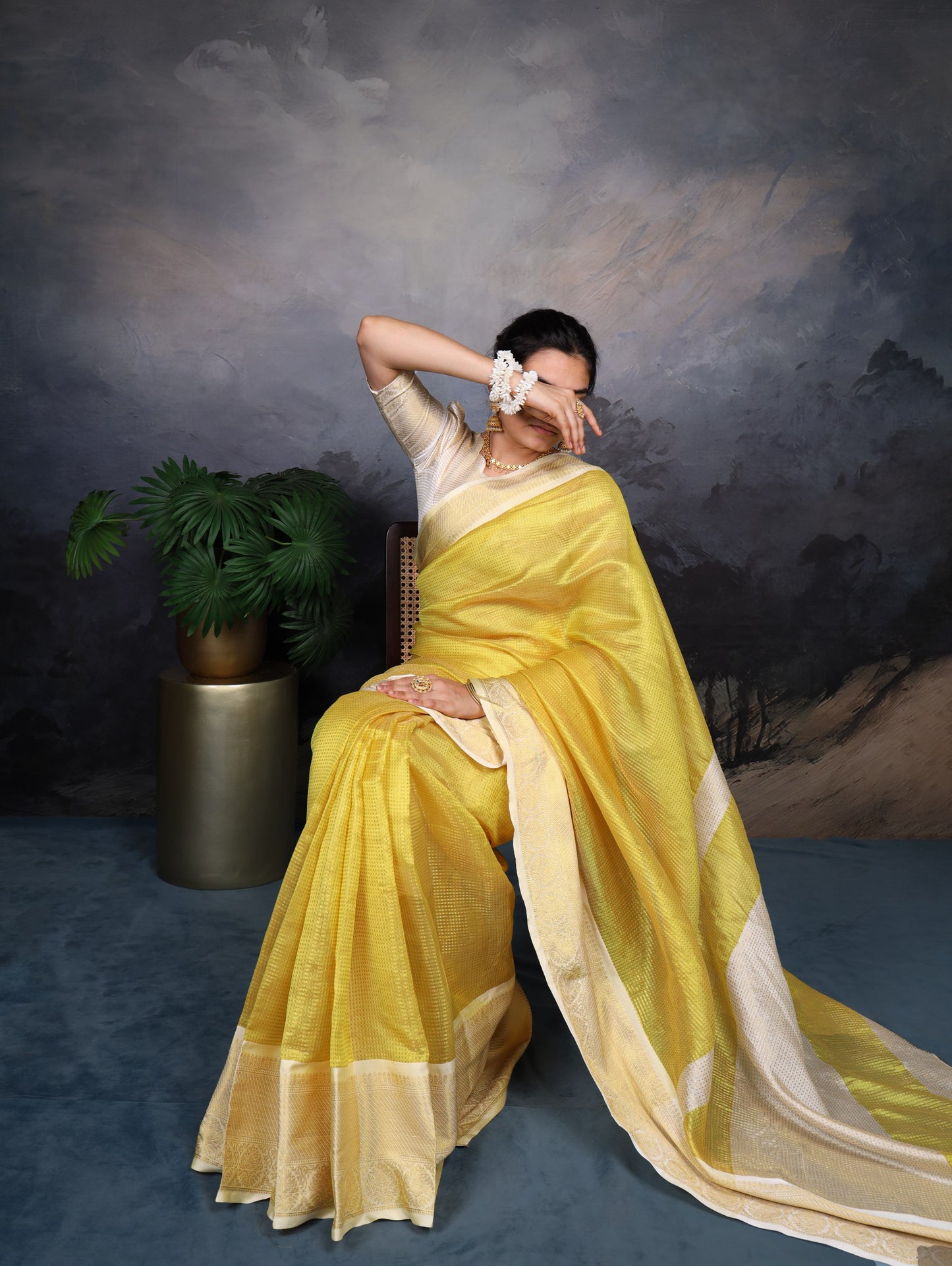 Jacquard Chex Yellow Saree with Zari Weaving and Unstitched Blouse