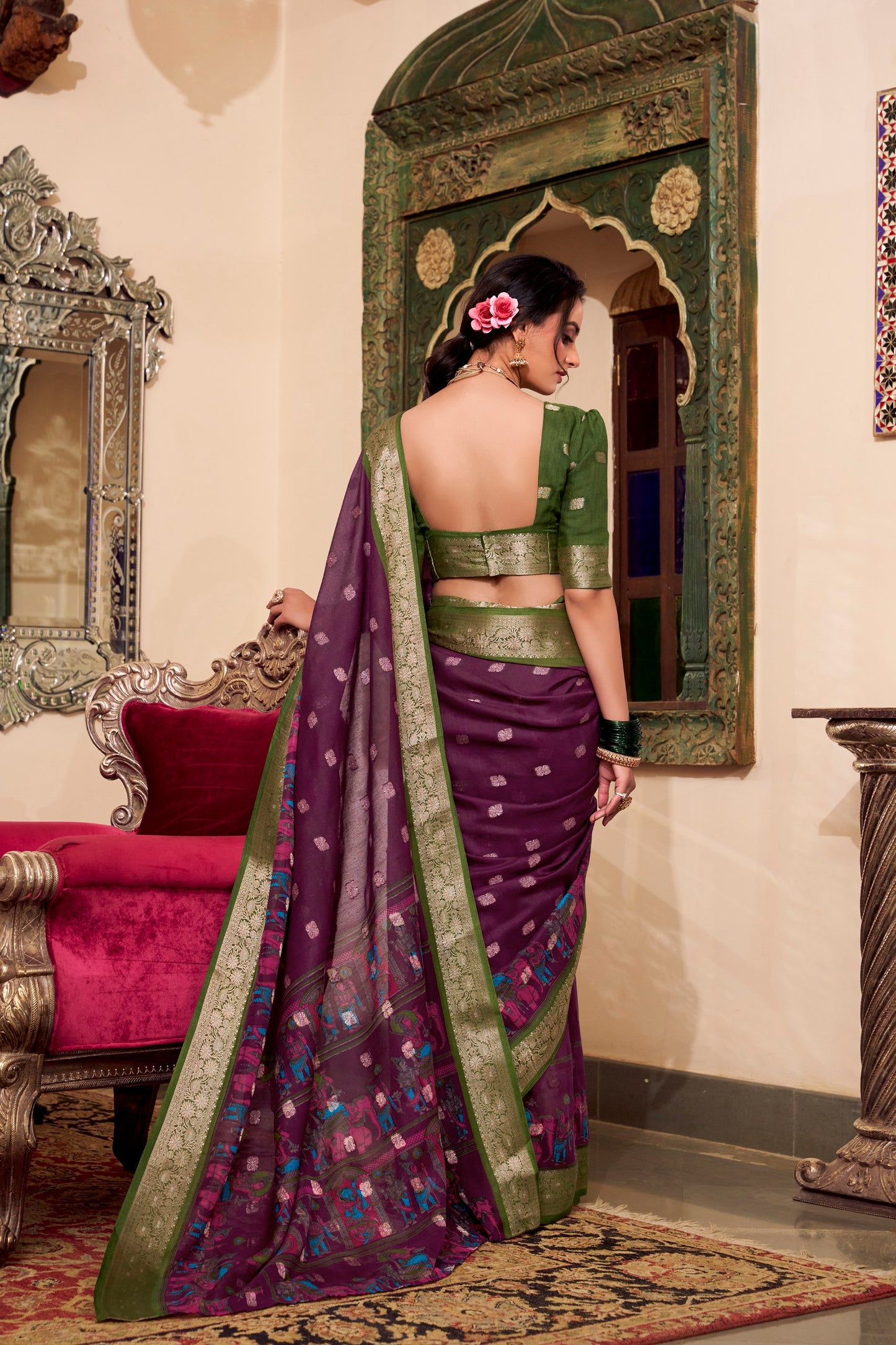 Kalamkari Print Poly Cotton Wine Saree with Zari Weaving Work Border and Blouse