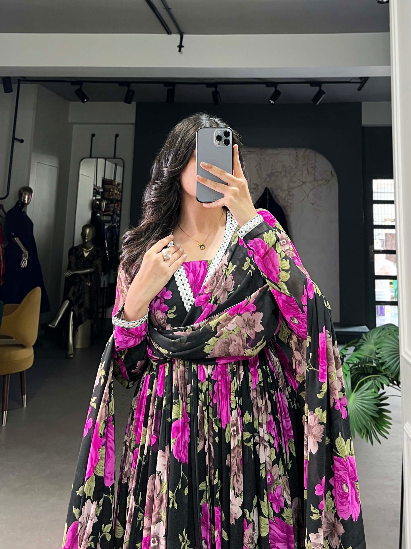 Floral Printed Georgette Pink Gown with Peper Mirror Lace Touch-Up and Dupatta