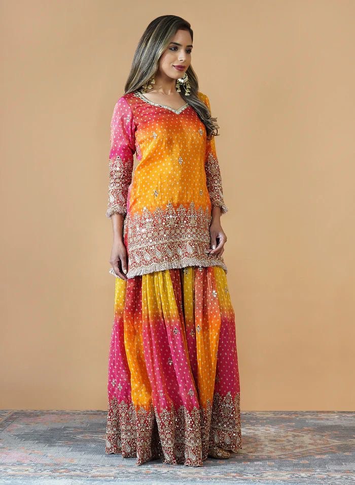 Chinon Silk Digital Print Co-Ord Set with Real Mirror Work & Lace Dupatta