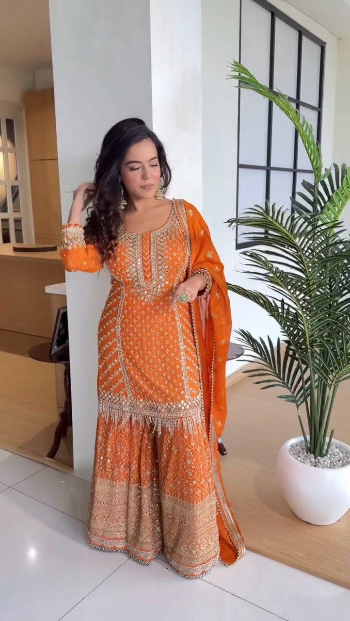 Foux Gorgette Thread Work Sharara Suit with 9mm Sequins and Dupatta