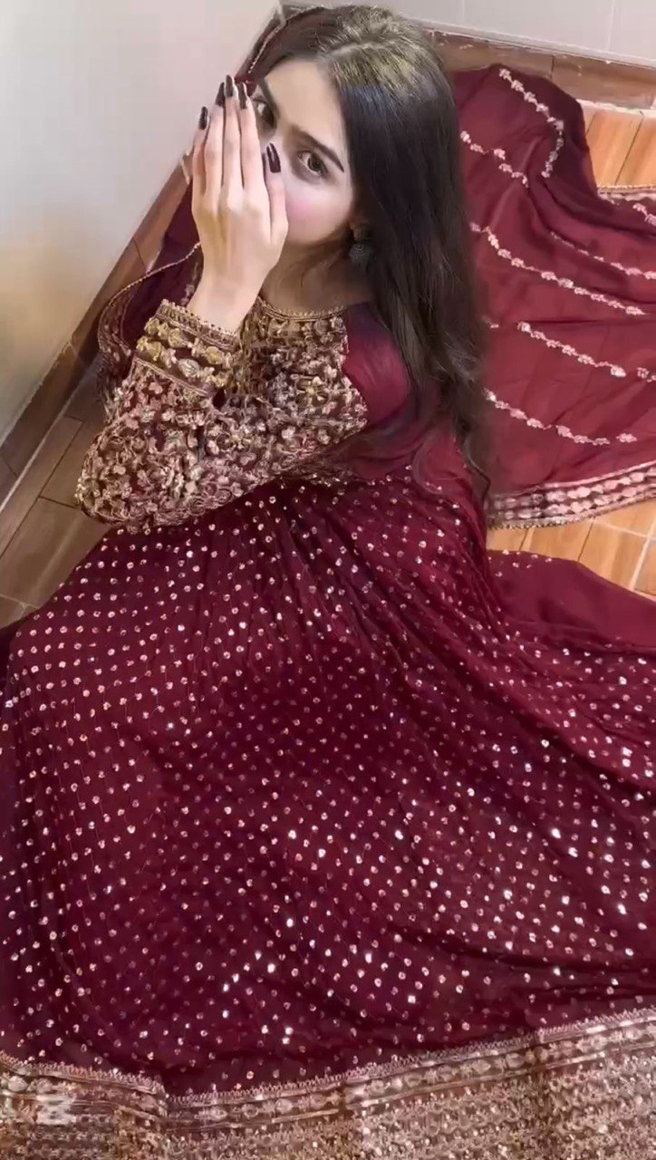 Foux Gorgette Thread Work Suit with Sequins and Dupatta