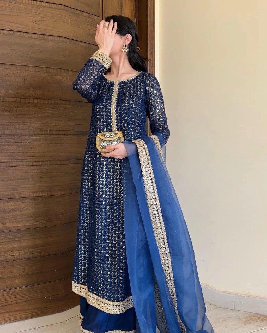 Foux Gorgette Thread Work Suit with Sequin Detailing and Butterfly Net Dupatta