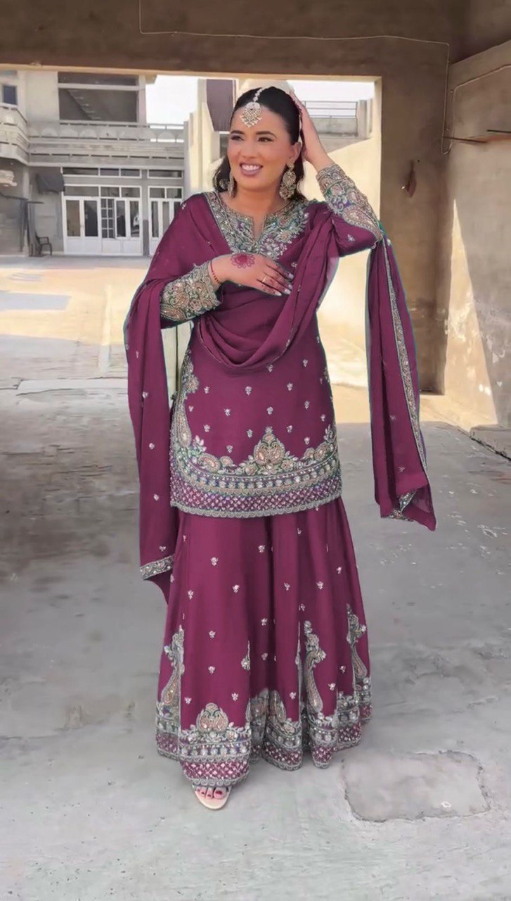 PInk Chinon Silk Thread Work Suit with Sequins and Lace Border Dupatta