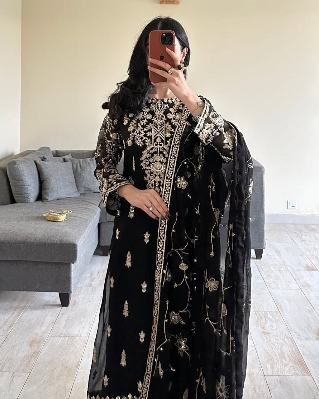 Foux Gorgette Thread Work Black Suit with Sequins and Lace Border Dupatta