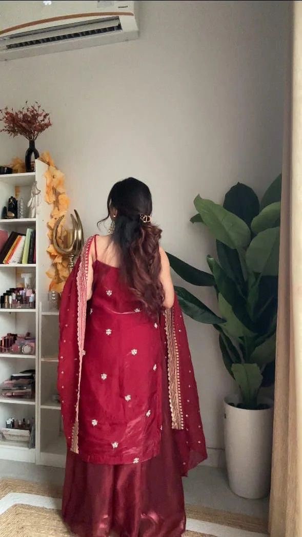 Jimi Choo Thread Work Suit with Sequins and Lace Border Dupatta