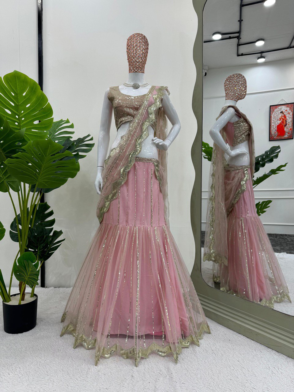 Soft Butterfly Net Lehenga Saree Set with Sequin Thread Work and Unstitched Choli