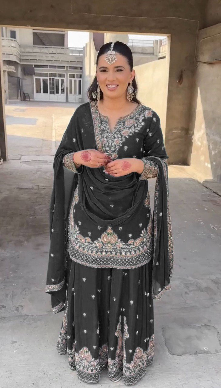 Black Chinon Silk Thread Work Suit with Sequins and Lace Border Dupatta