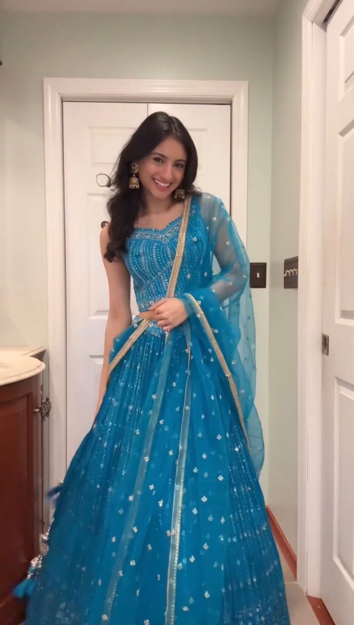 Foux Gorgette Semi-Stitched Lehenga Set with 3 Meter Flair and Sequin Work