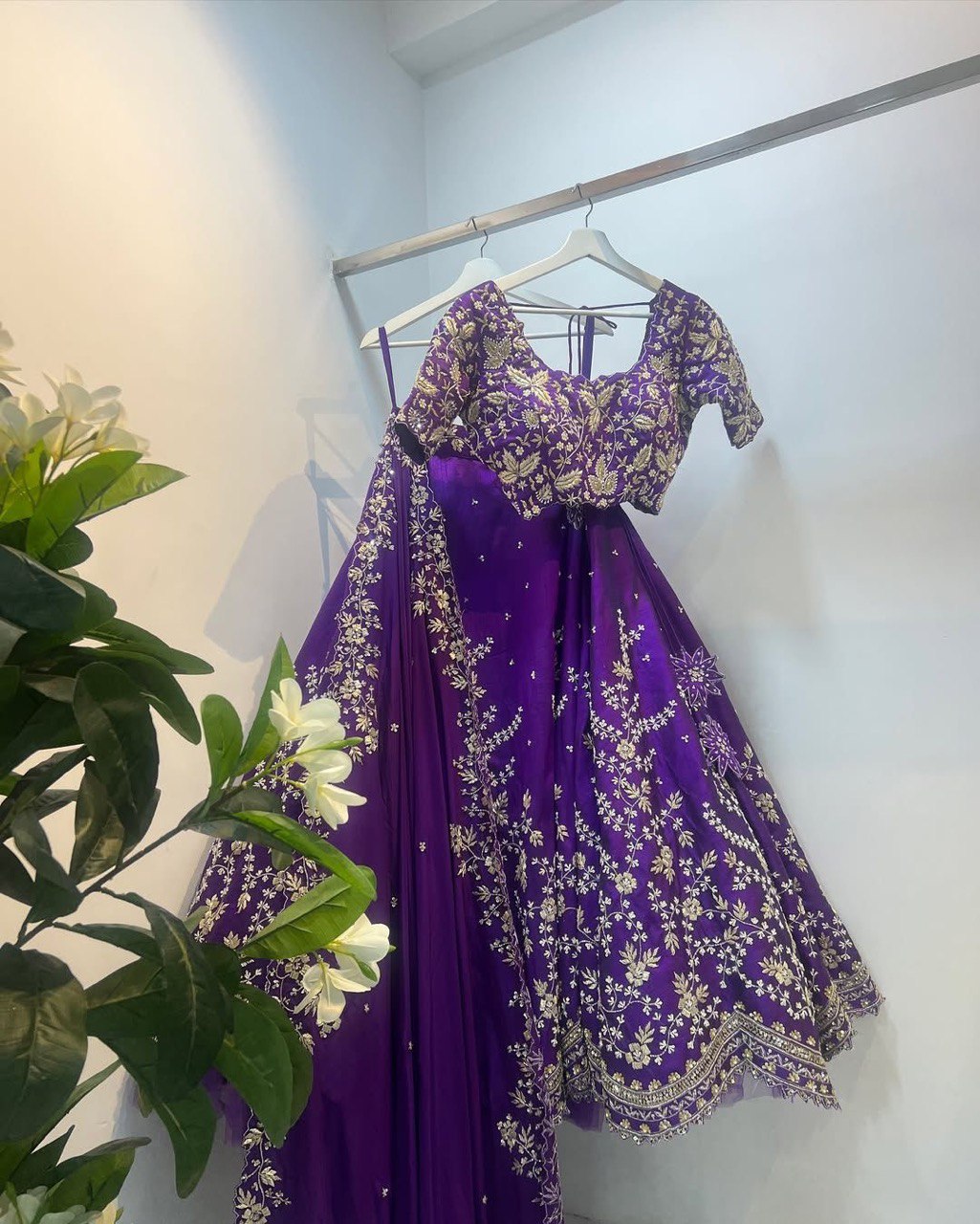 Purple Foux Gorgette Semi-Stitched Lehenga Set with 4 Meter Flair and Sequin Work