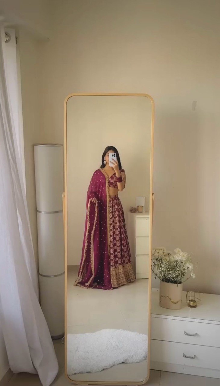 Purple Jequard Semi-Stitched Lehenga Set with Sequins and 4 Meter Flair